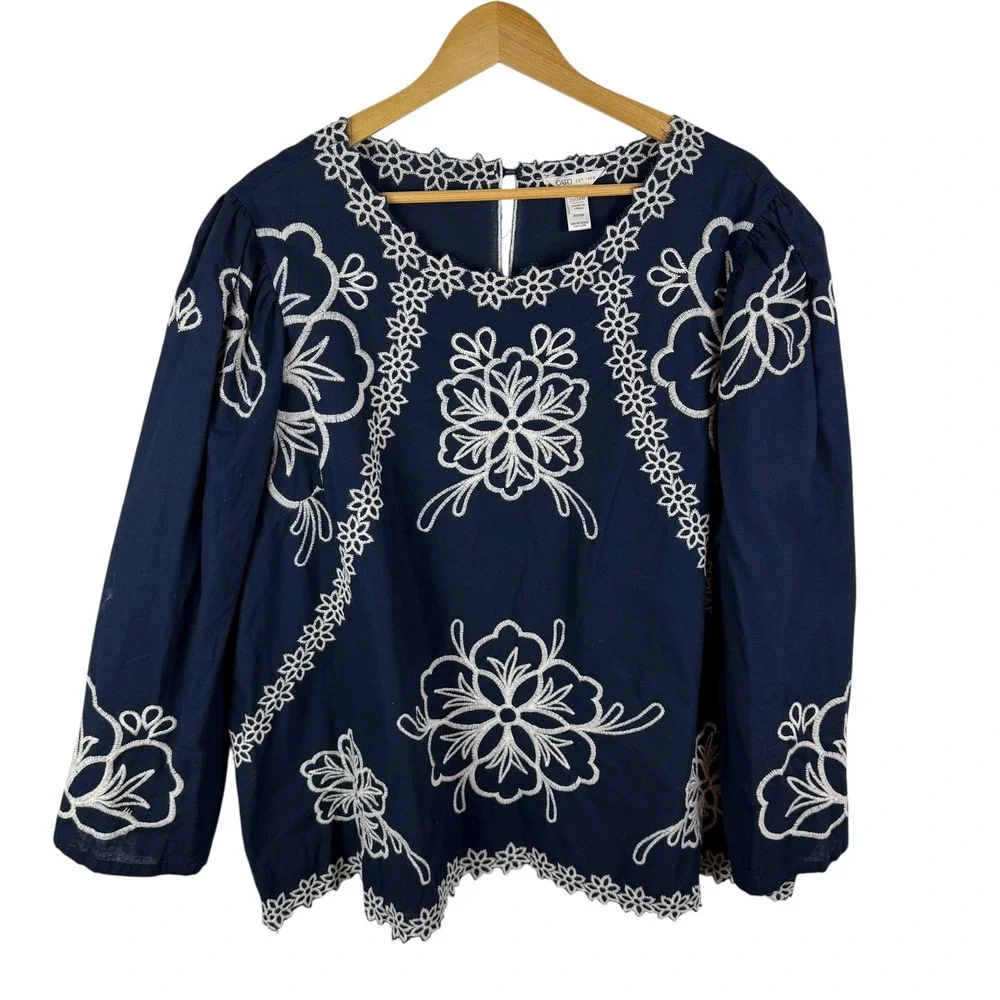 Cato Floral Embroidered Boho Blouse Size 22/24W Navy Cotton Ramie Cottage Chic - Picture 1 of 9